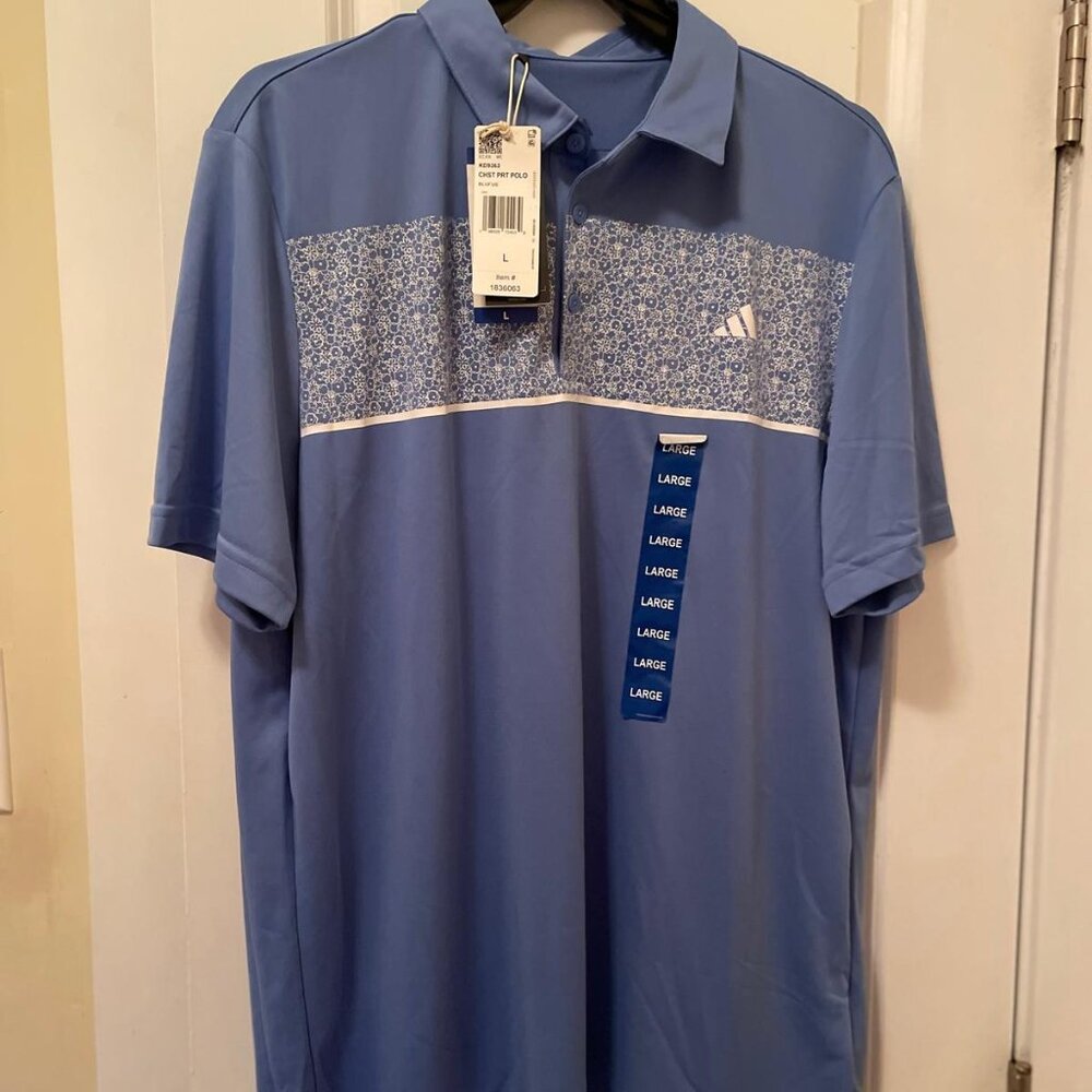 New w/ Tags! Men's Blue Adidas Golf Shirt with fine white floral print - Large